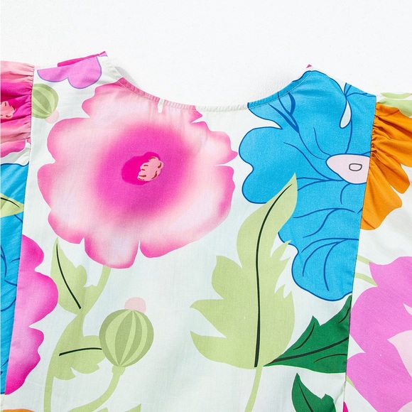 White Floral Print Split Neck Babydoll Dress Bohemian Mini - Picture 8 of 11